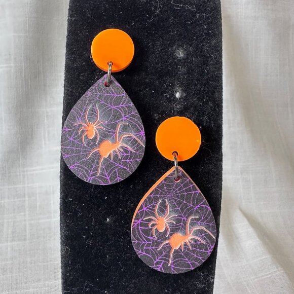 Orange and Purple Spider Tear Drop Shaped Dangle Acrylic Earrings - Picture 1 of 9